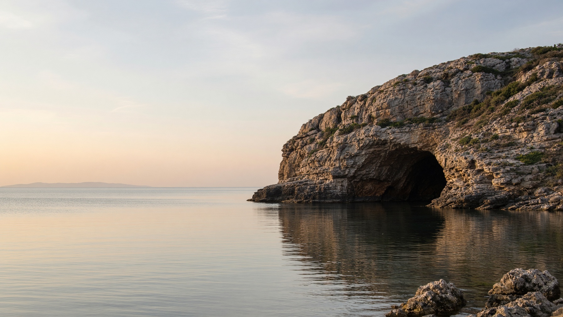 Still coastal water and a cave in a cliff at late light.