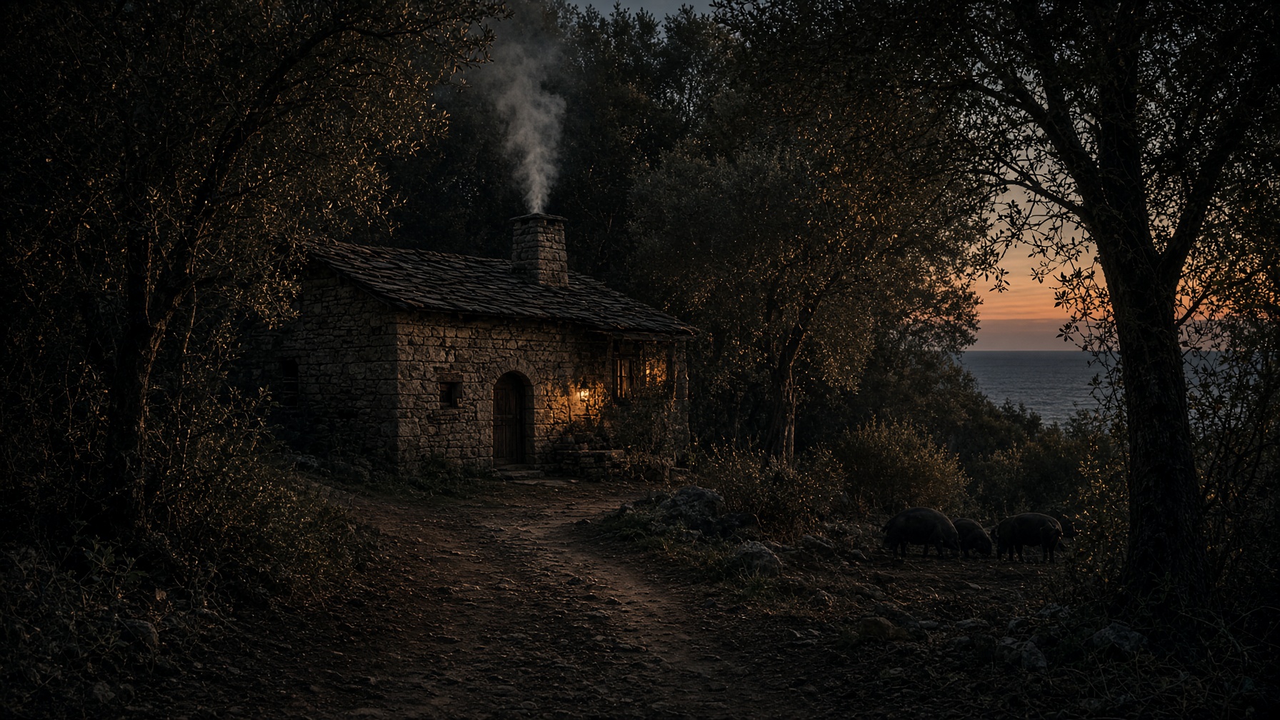 A house in a dusk clearing on an island, sea through the trees, no figure of Circe.