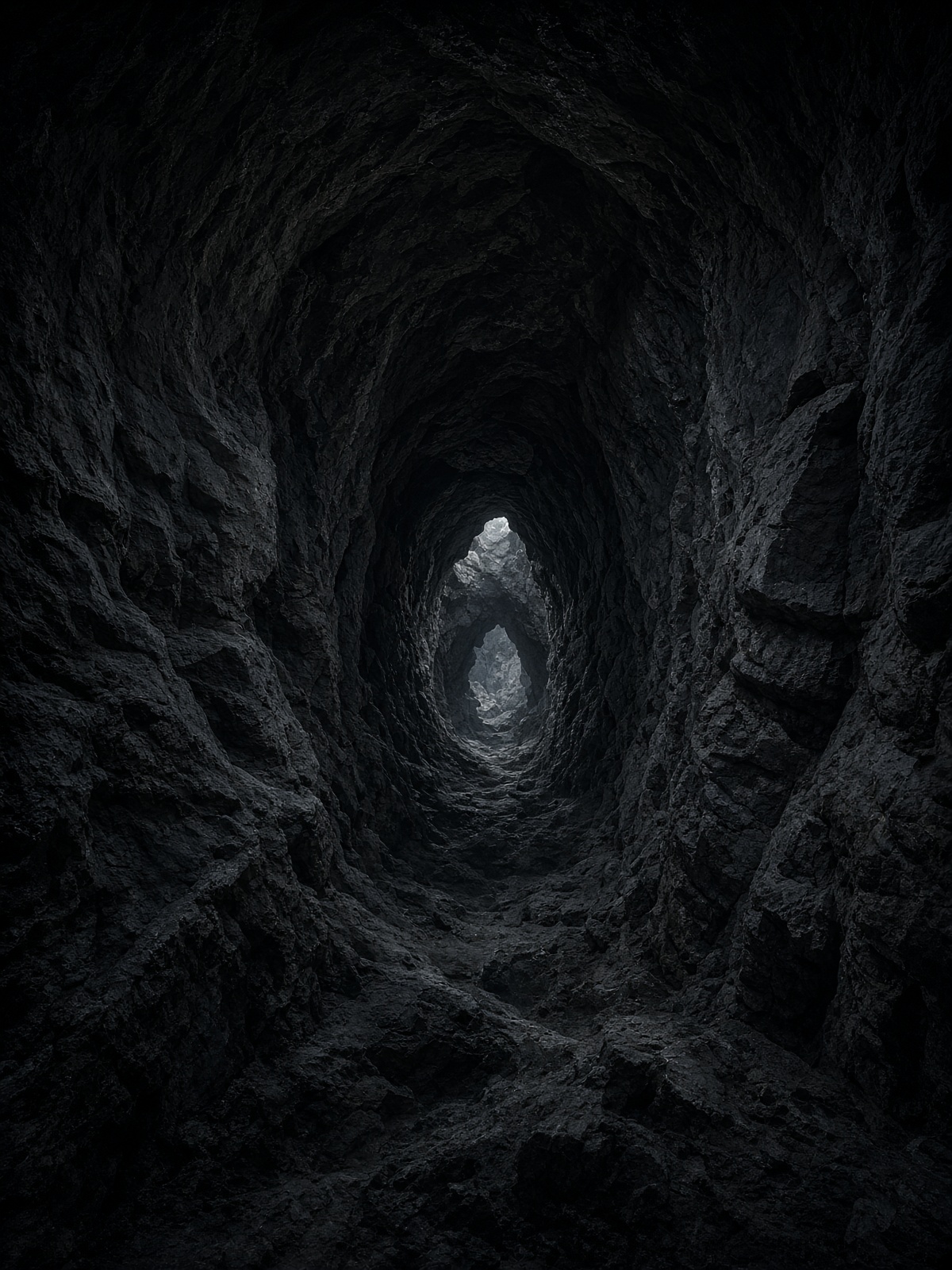 Interior of a narrowing cave looking toward a small bright mouth.