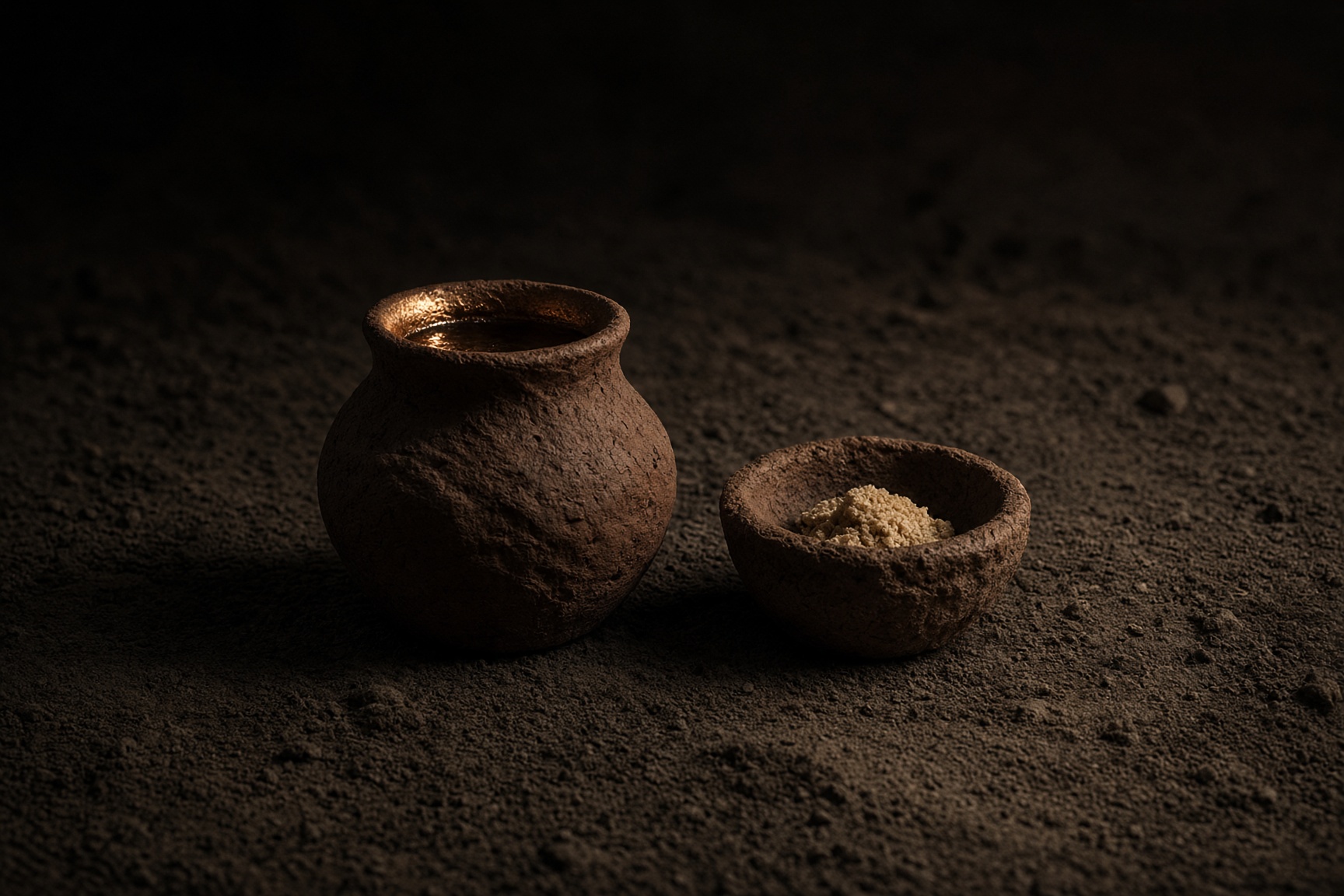 Two small clay vessels on packed earth, one with water, one with food.