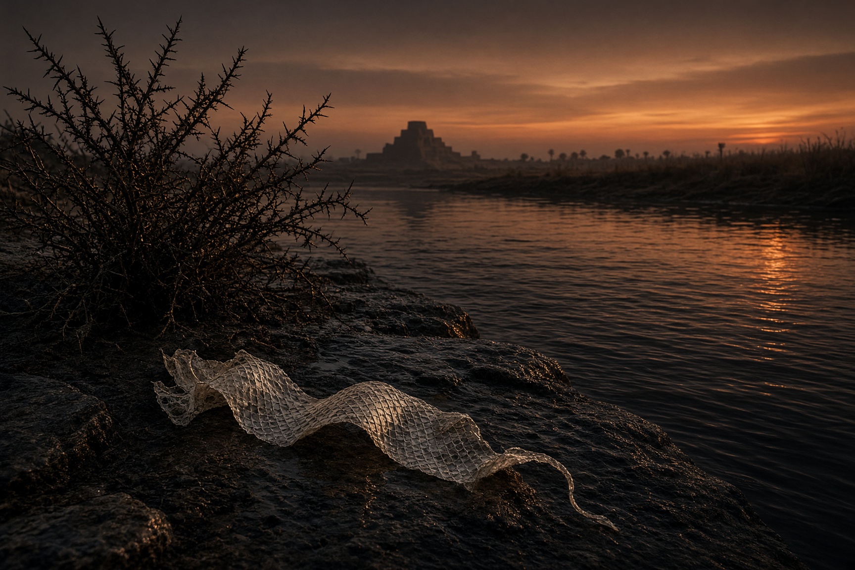 A thorny plant at dark water, a shed snakeskin on wet stone.