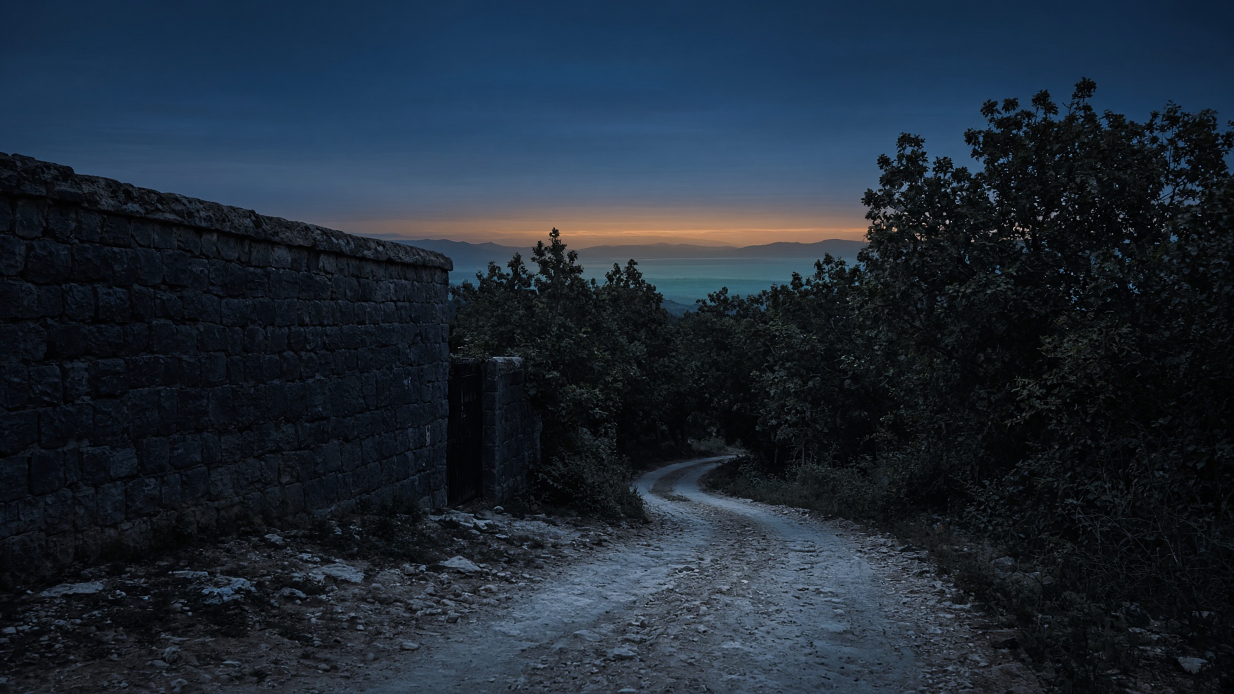 A dirt track leaving a compound wall into trees at first light.