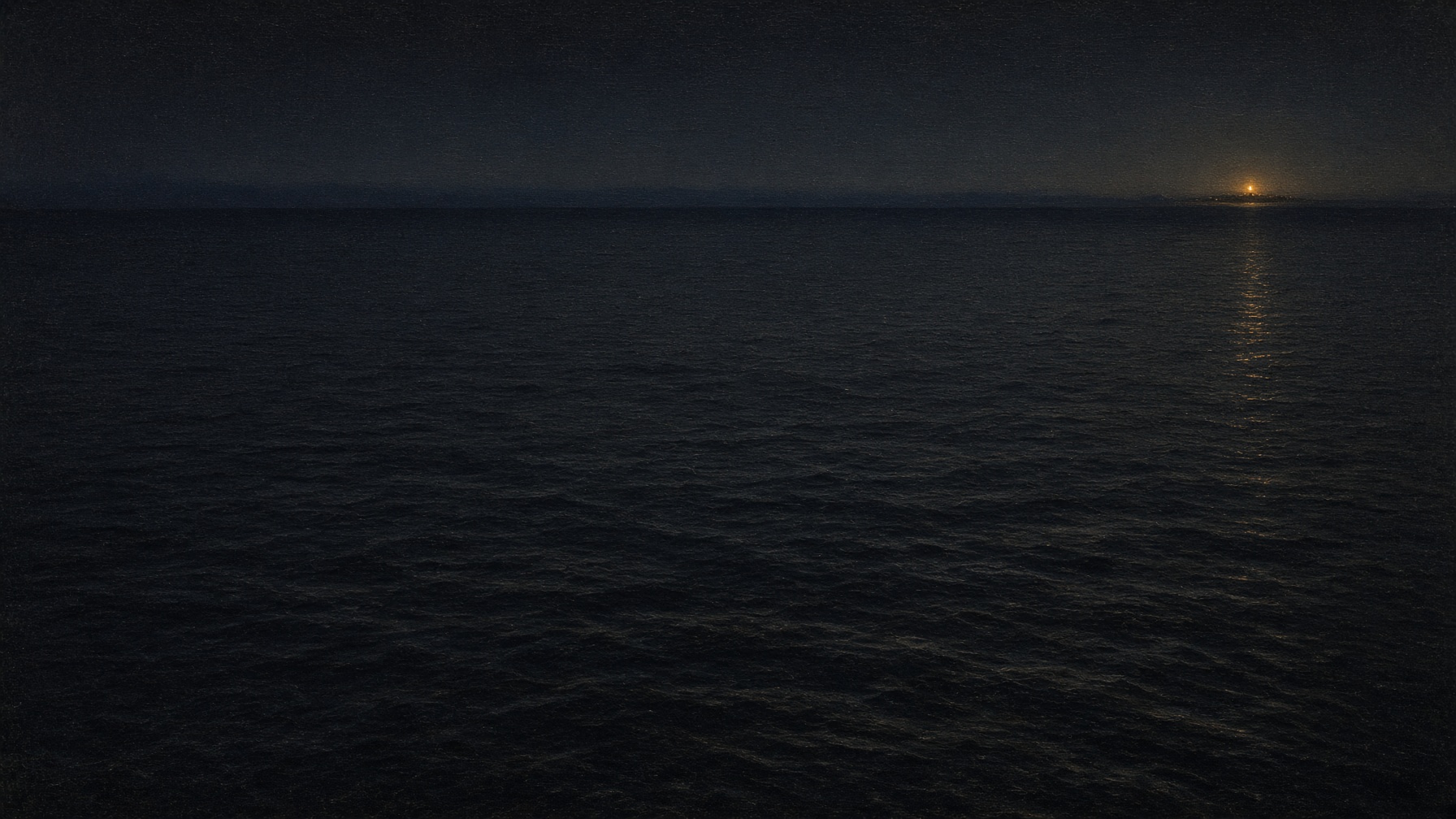 Aegean night: dark sea, a horizon, one distant warm light.