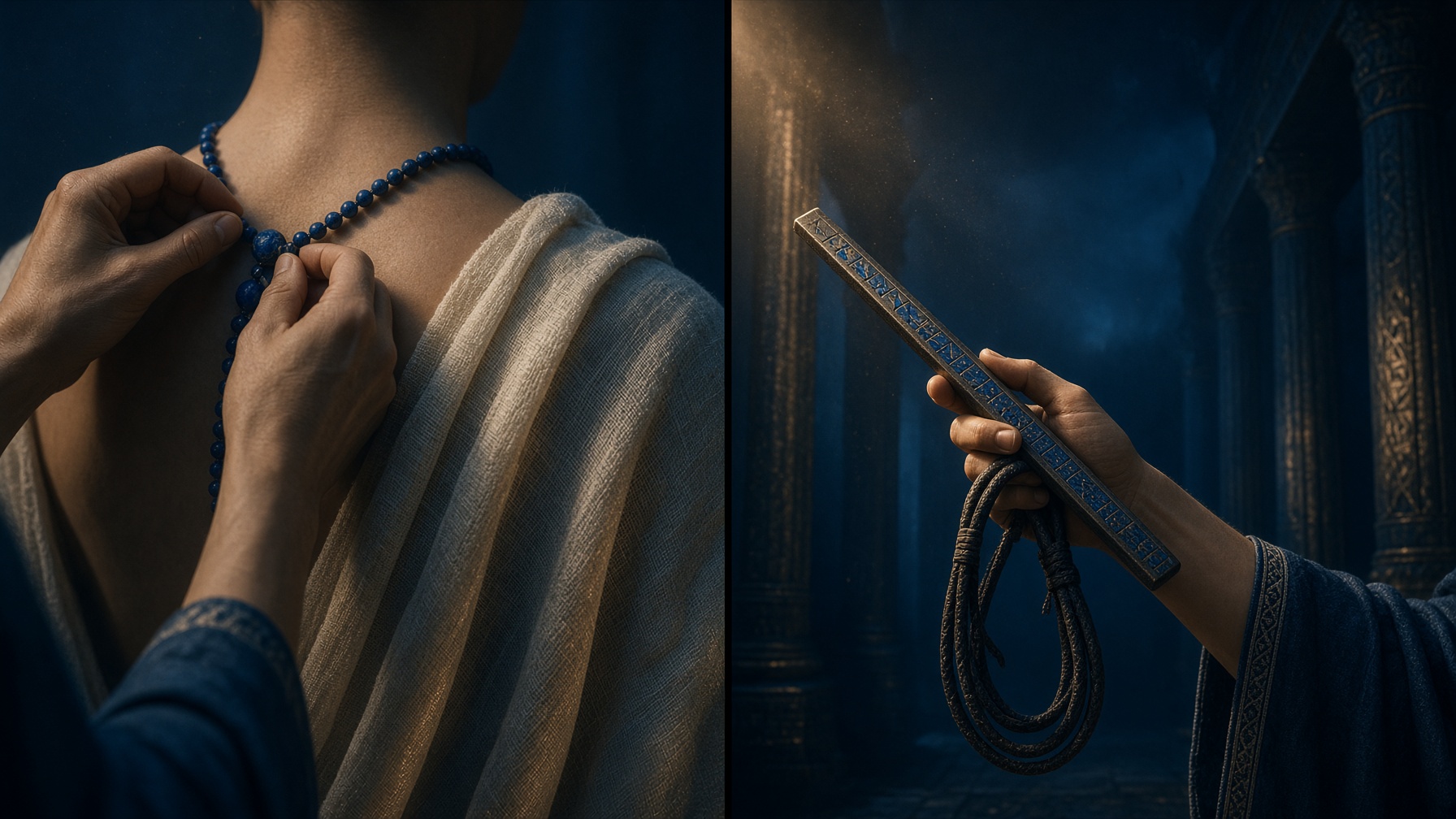 A figure seen from behind hanging small lapis beads at the neck, and holding a measuring reed and coiled line.