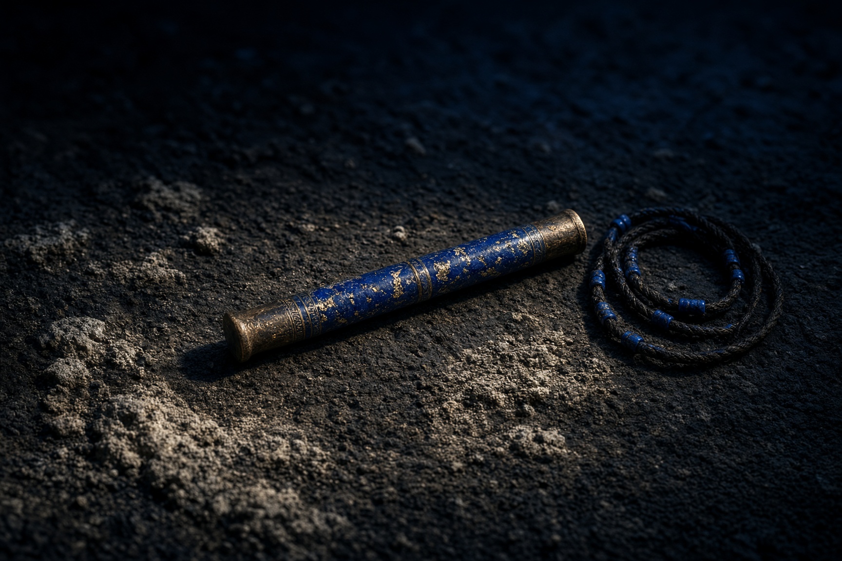 A one-nindan measuring reed inlaid with lapis lazuli, and a coiled measuring line, on dark earth.