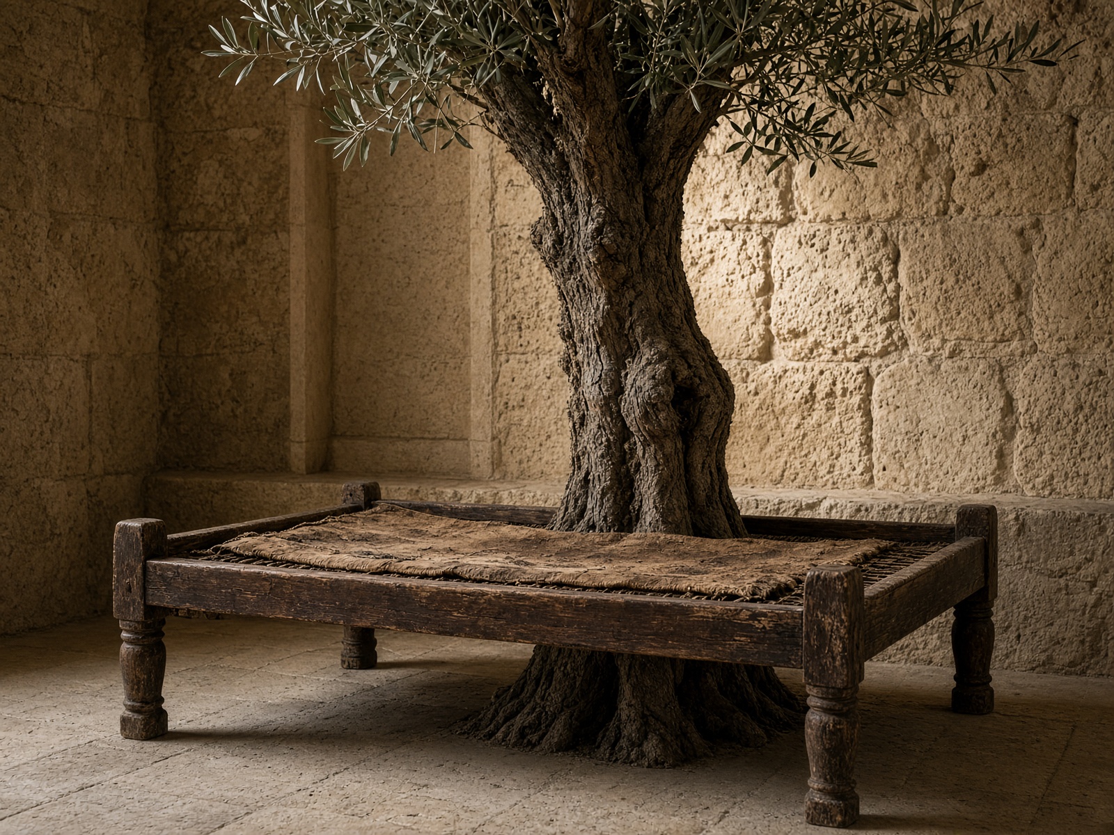 A wooden bed built around a living olive trunk growing through the floor.