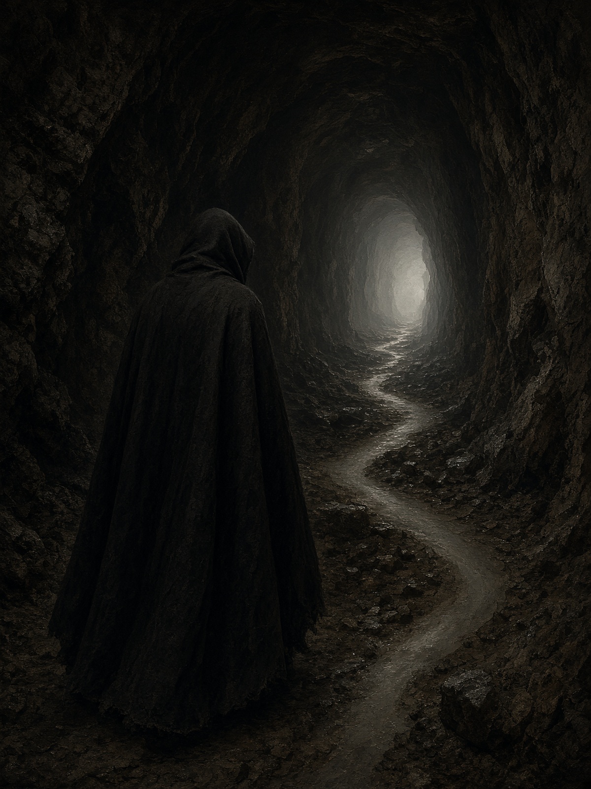 A figure turning in the dark.