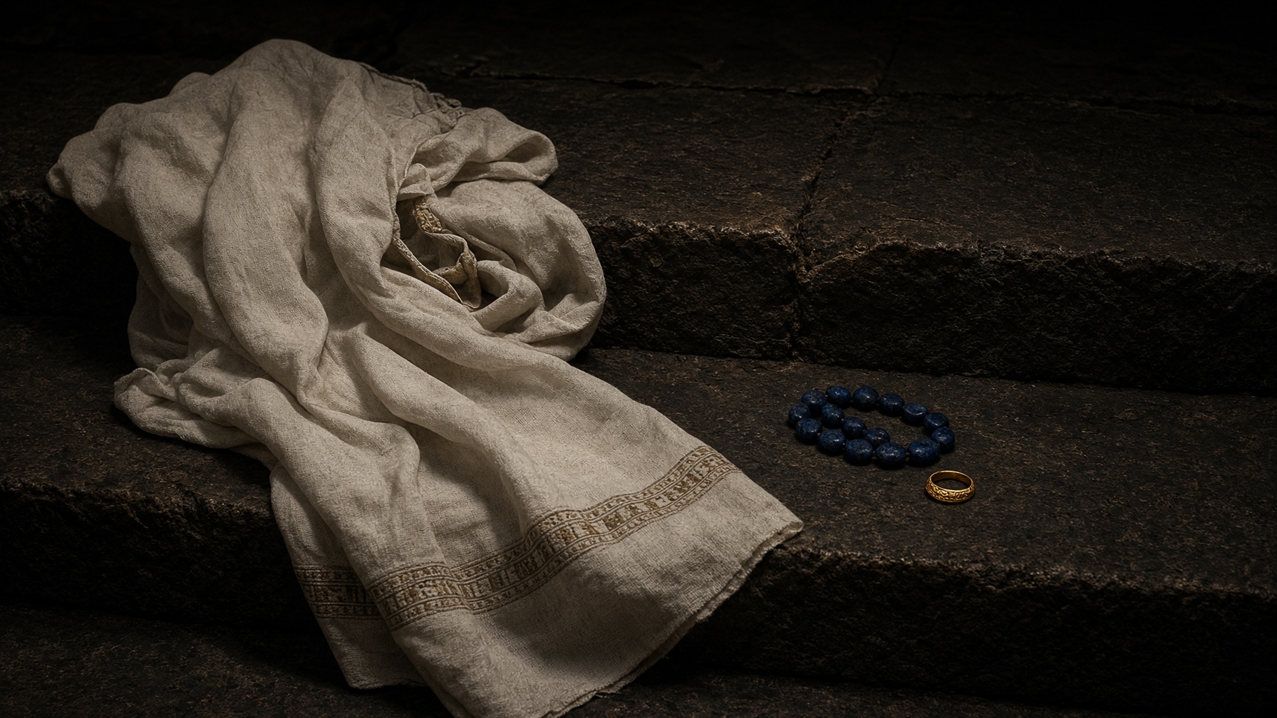 An empty pala dress and lapis beads laid on dark stone steps.