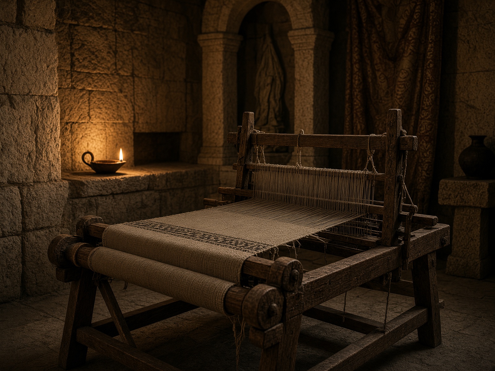 A wooden loom in a darkened interior, cloth half-woven and partly undone.