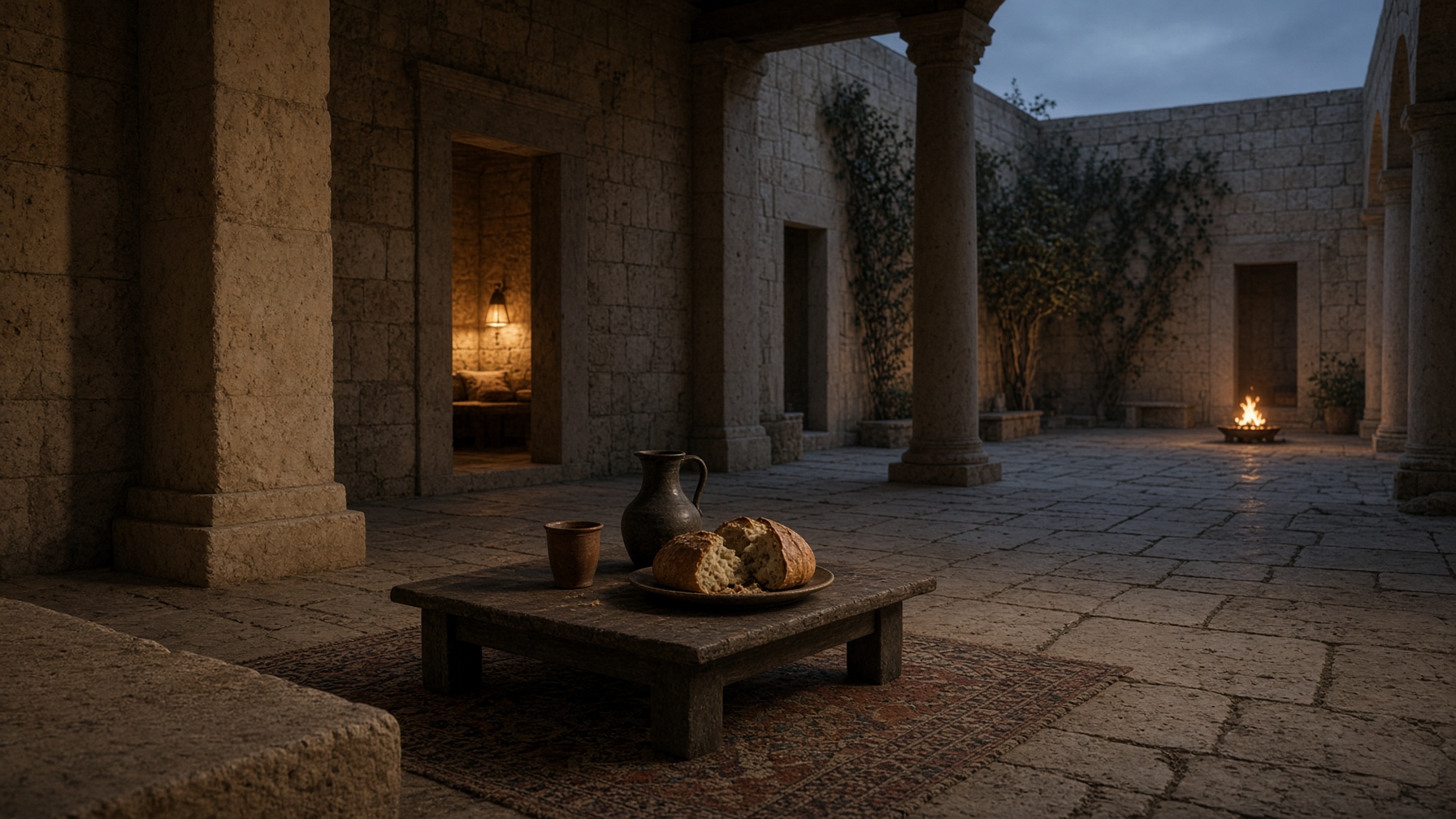 A palace courtyard table set for a guest at dusk.
