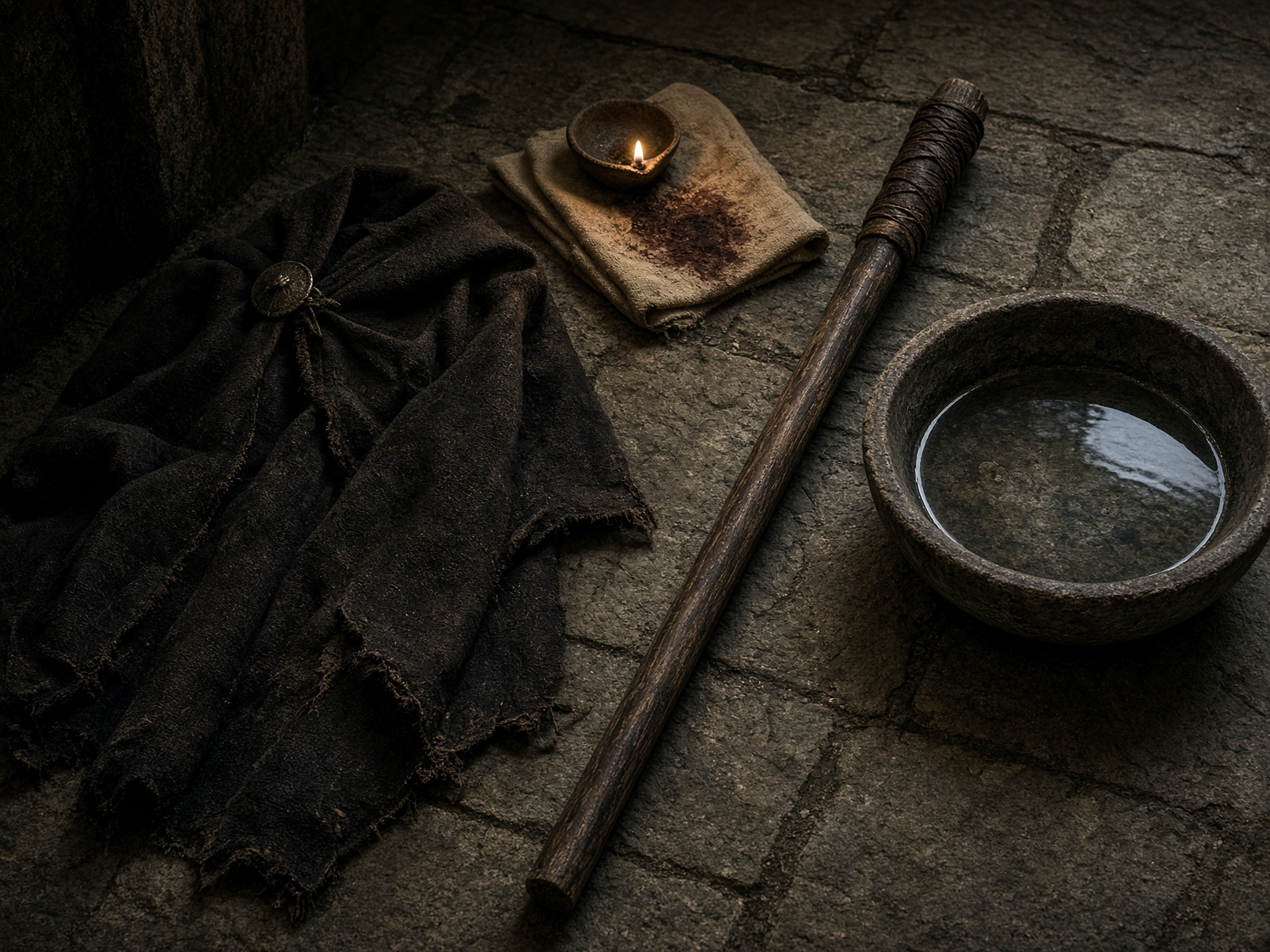 Traveler’s cloak, staff, basin and lamp on a stone floor. No face.