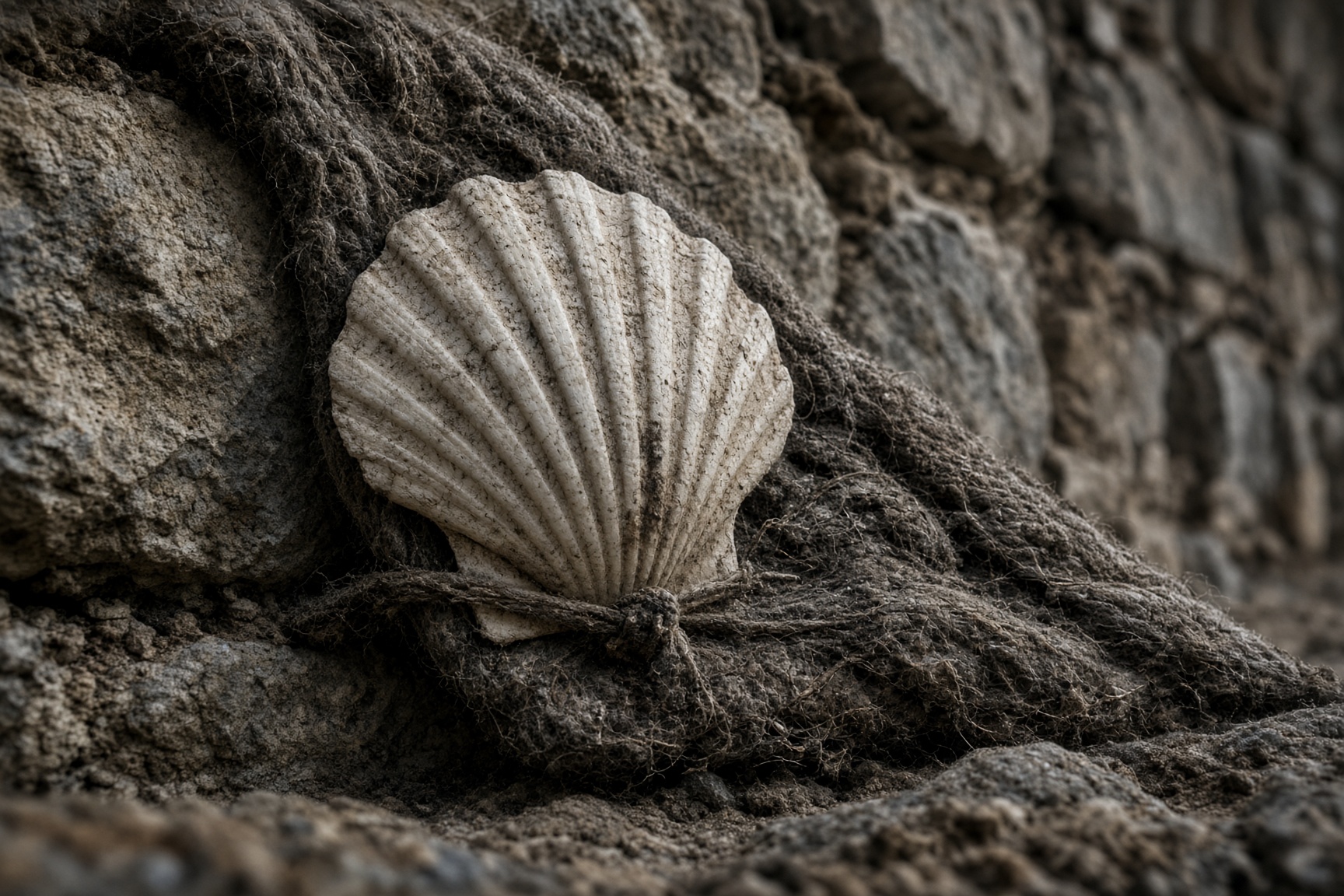 A worn scallop shell tied to coarse wool.