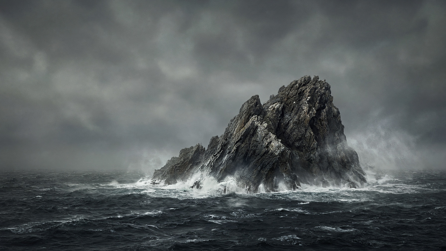 Rocky islet in a dark sea, spray and wind, no bodies.