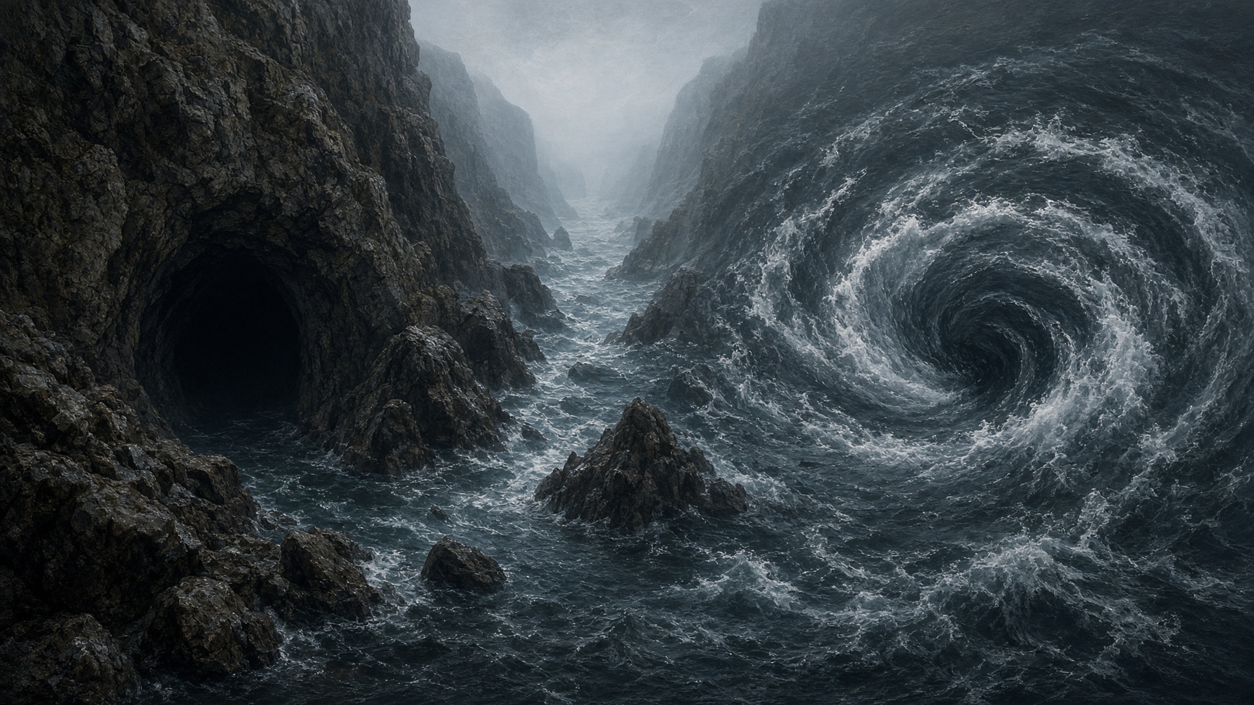 A narrow strait with a cliff cave on one side and a whirl of water on the other.