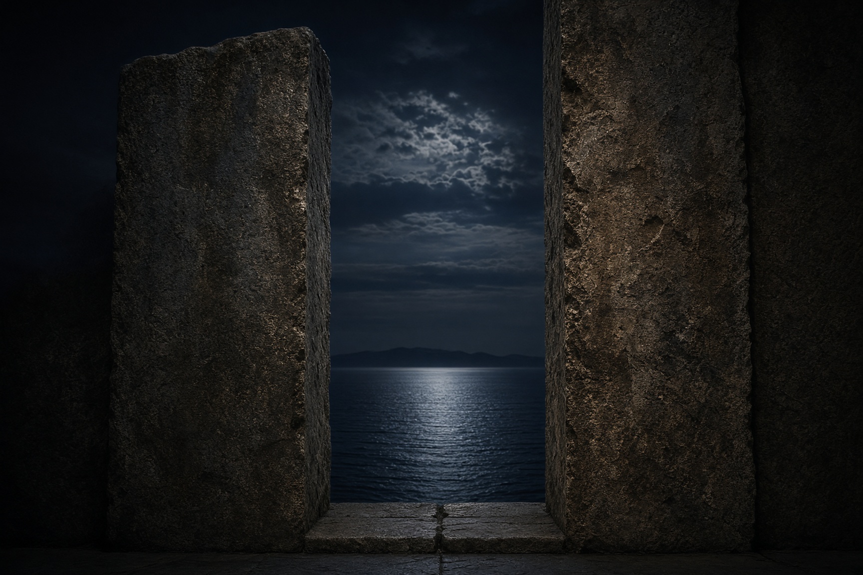 Two vertical forms with night sea between them.