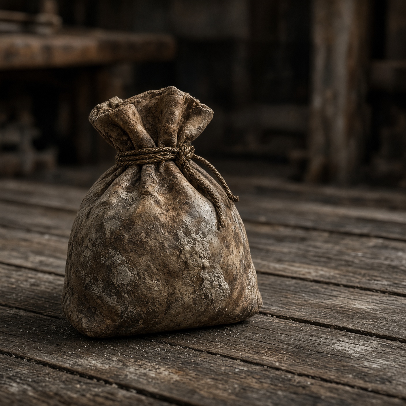 Tied leather bag on salt-stained ship planks.